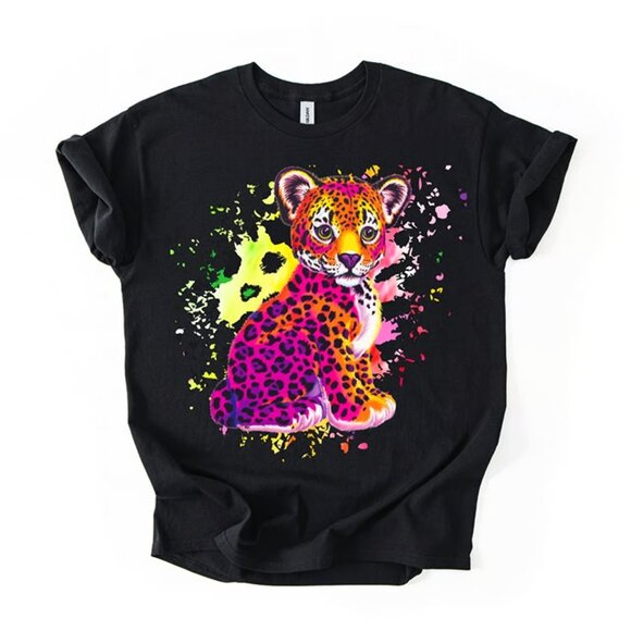 90s Vibe Leopard Cub T-Shirt Women's Colorful Splatter Paint Animal Tee - Picture 1 of 3
